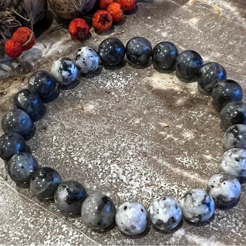 Men Grey Larvikite Bracelet and Sesame Kiwi Jasper Gemstone Stretch (8mm) 18.5cm